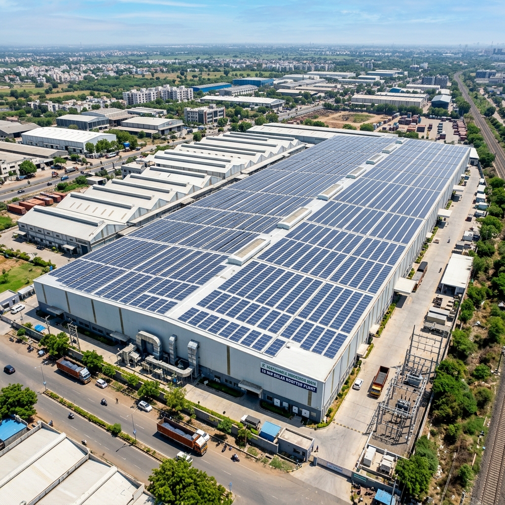 Large commercial solar panel installation on factory rooftop