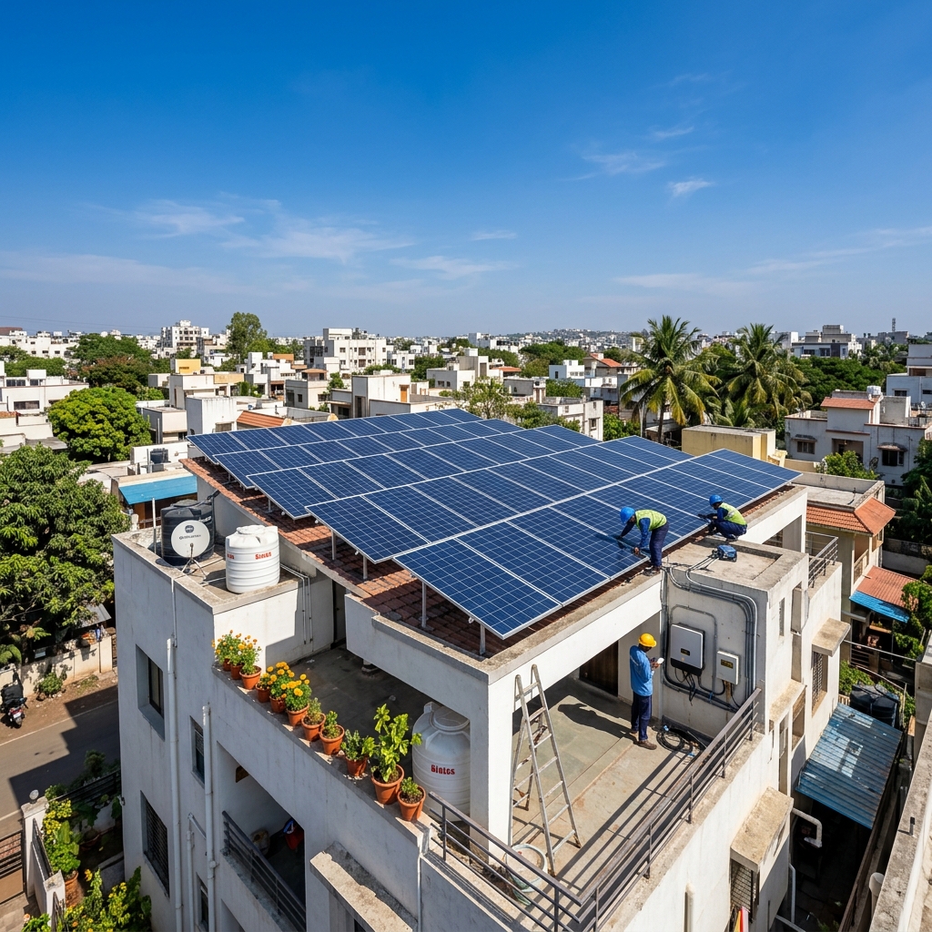 Residential solar panel installation on rooftop in Rajkot